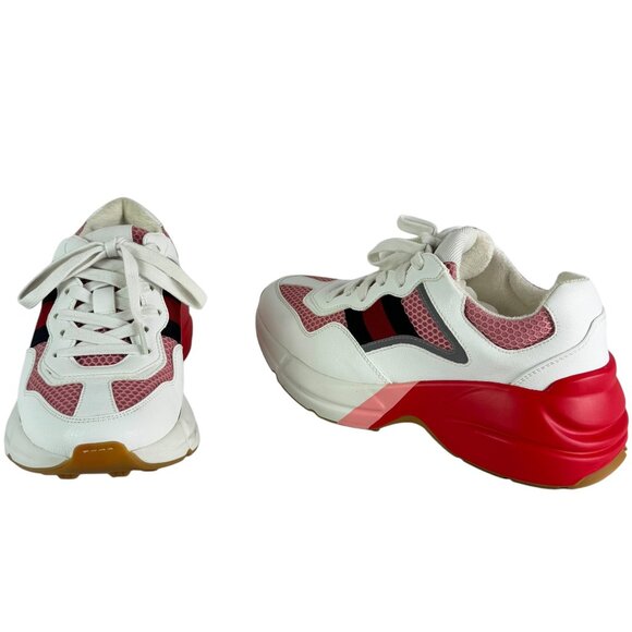 GUCCI Rhyton White Leather Pink Mesh Web Women's Sneakers 35.5 - 5.5US